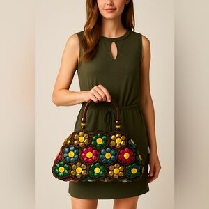 Handcrafted vintage bag coconut shell brown knit colorful bead floral boho Fall